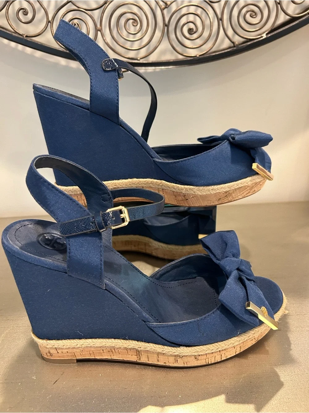 Tory Burch Navy Bow Espadrille Wedge Sandals